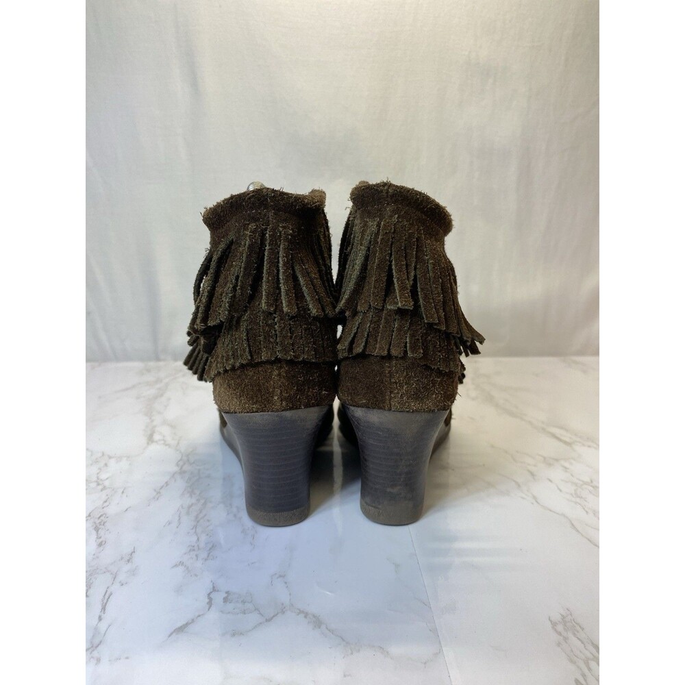 Minnetonka Brown Suede Fringe Ankle Wedge Zip Up Moccasin Boots Womens Size 7 - Picture 3 of 8